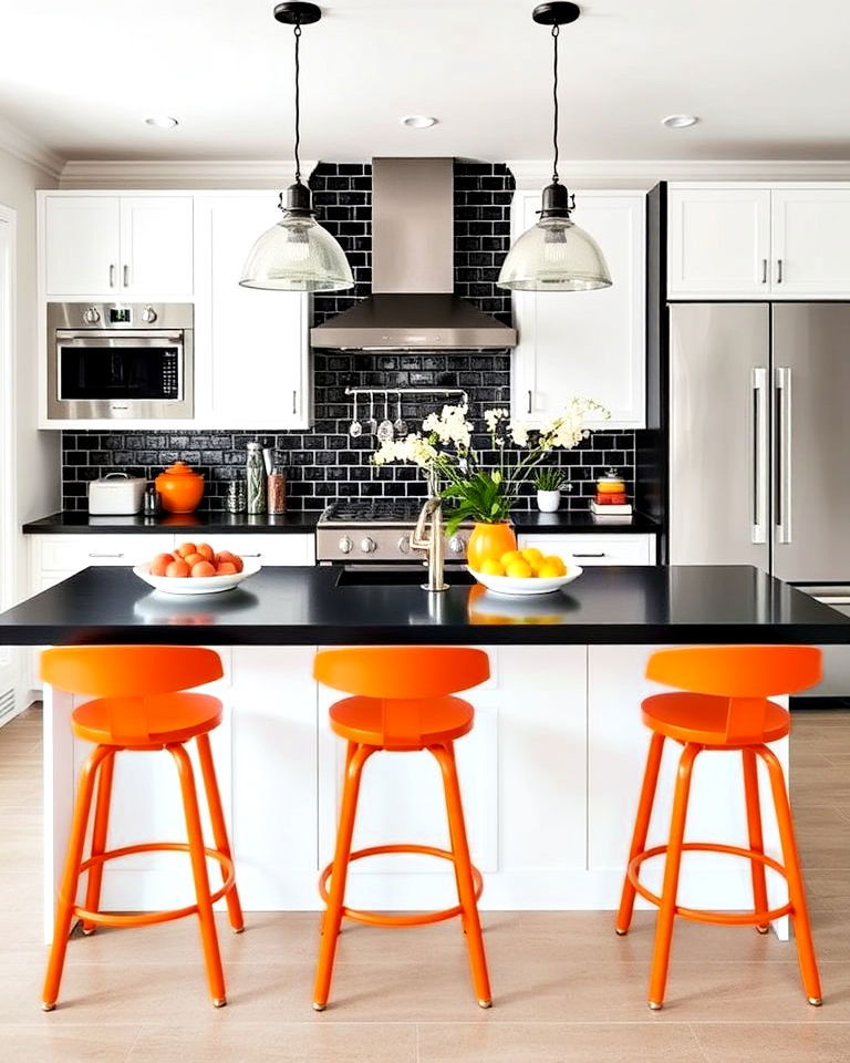 white kitchen and black island with colorful accessories - 20 White Kitchen Ideas With Black Island