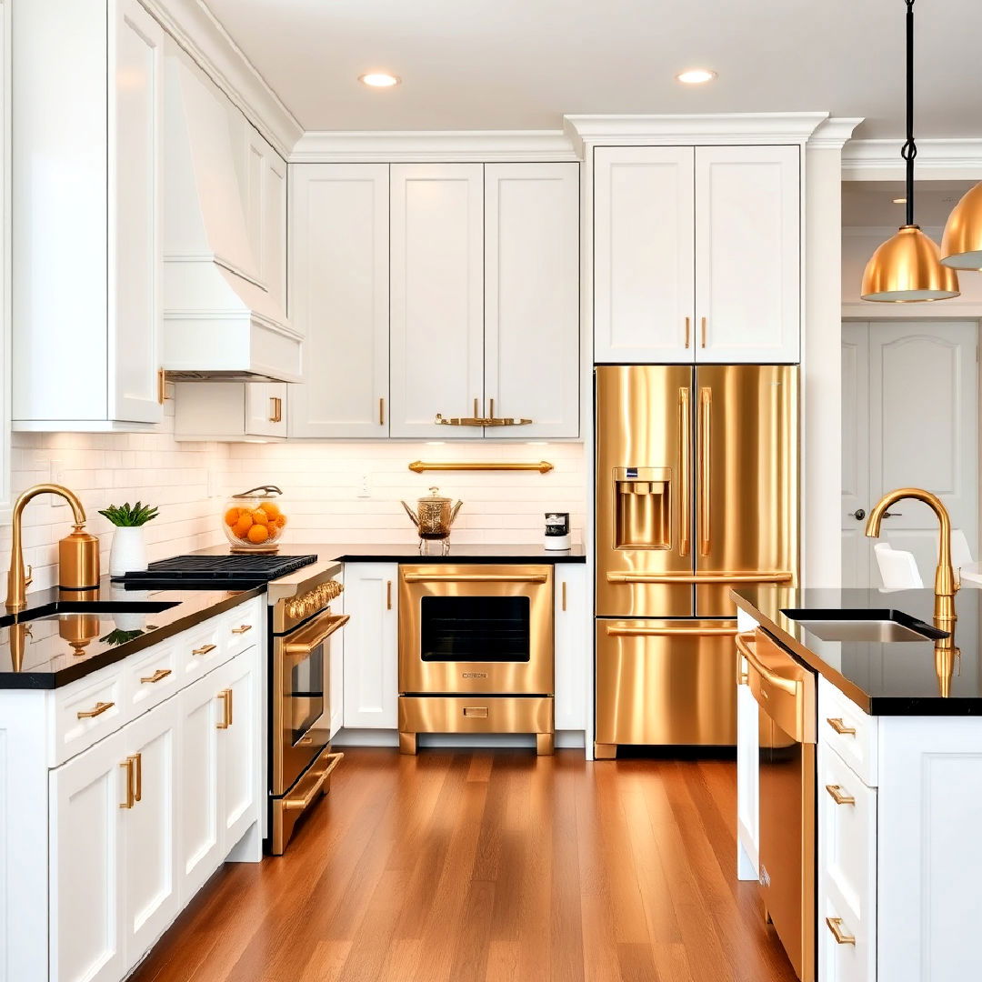 white kitchen and gold finished appliances - 25 Black White and Gold Kitchen Ideas