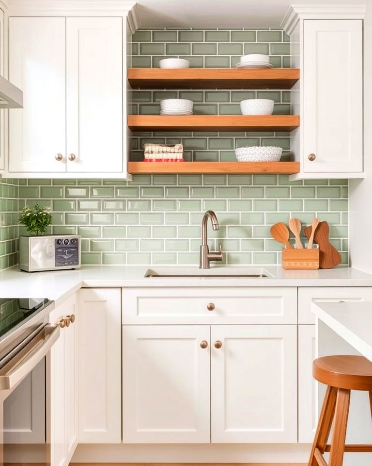 white kitchen and sage green backsplash - 25 Sage Green and White Kitchen Ideas