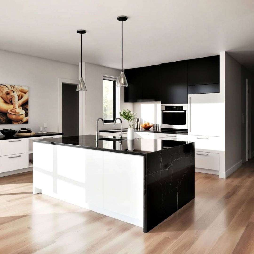 white kitchen island with black waterfall countertop - 40 White Kitchen With Black Countertops Ideas