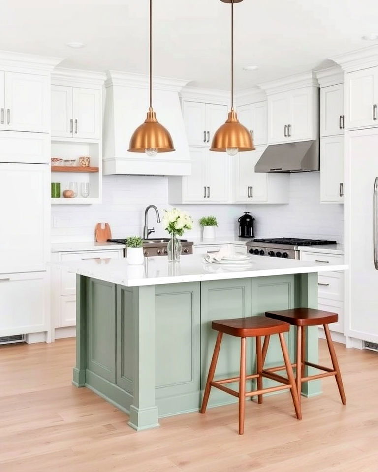 white kitchen with calming sage green island - 25 Sage Green and White Kitchen Ideas