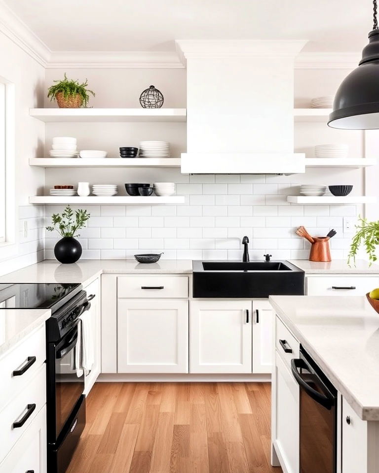 white kitchen with open shelving and black appliances - 25 White Kitchen with Black Appliances Ideas