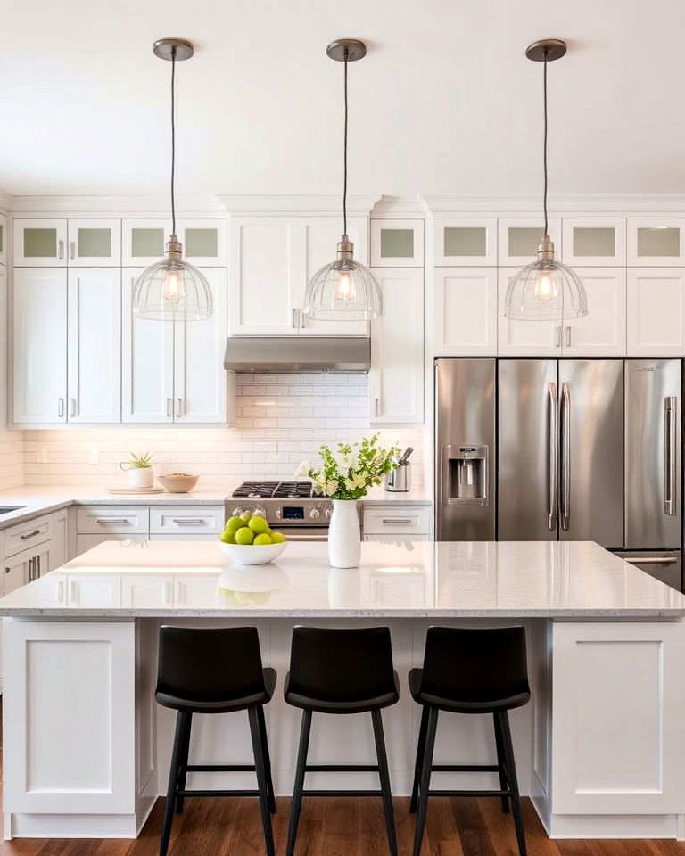 white kitchen with pendant lighting - 25 White Kitchen with Stainless Steel Appliances Ideas