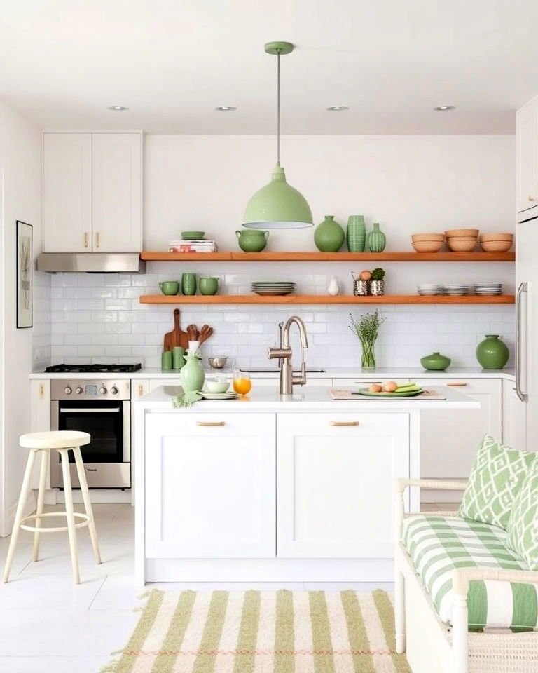 white kitchen with sage green accents - 25 Sage Green and White Kitchen Ideas
