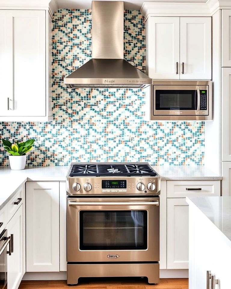 white kitchen with stainless steel appliances and bold backsplash - 25 White Kitchen with Stainless Steel Appliances Ideas