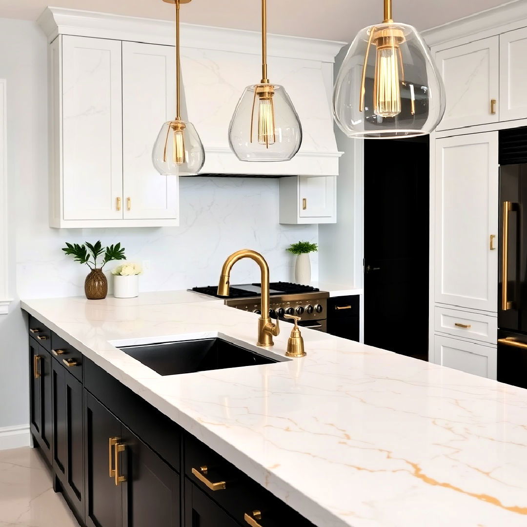 white marble countertops with gold veining - 25 Black White and Gold Kitchen Ideas