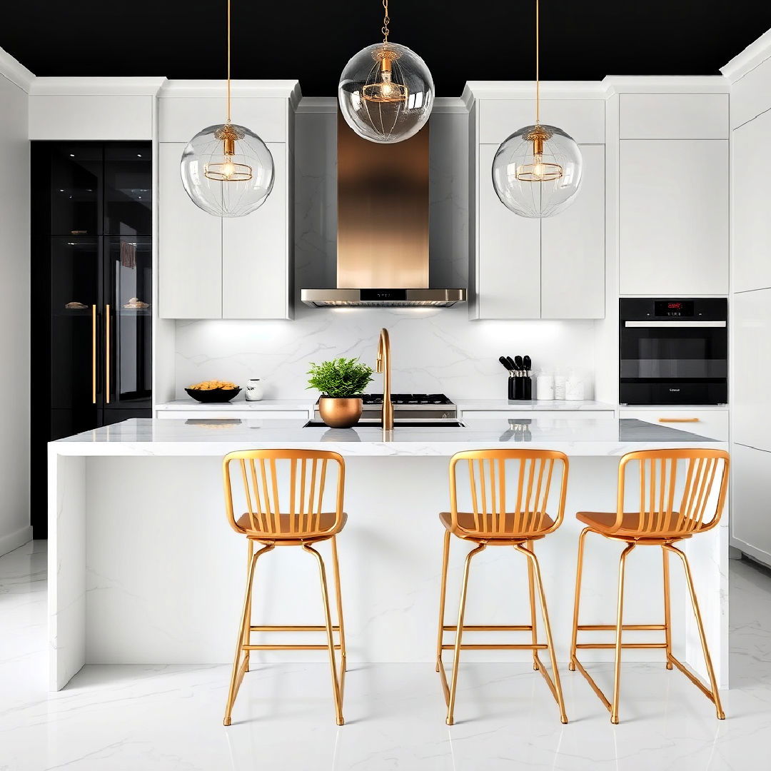 white marble kitchen island with gold bar stools - 25 Black White and Gold Kitchen Ideas