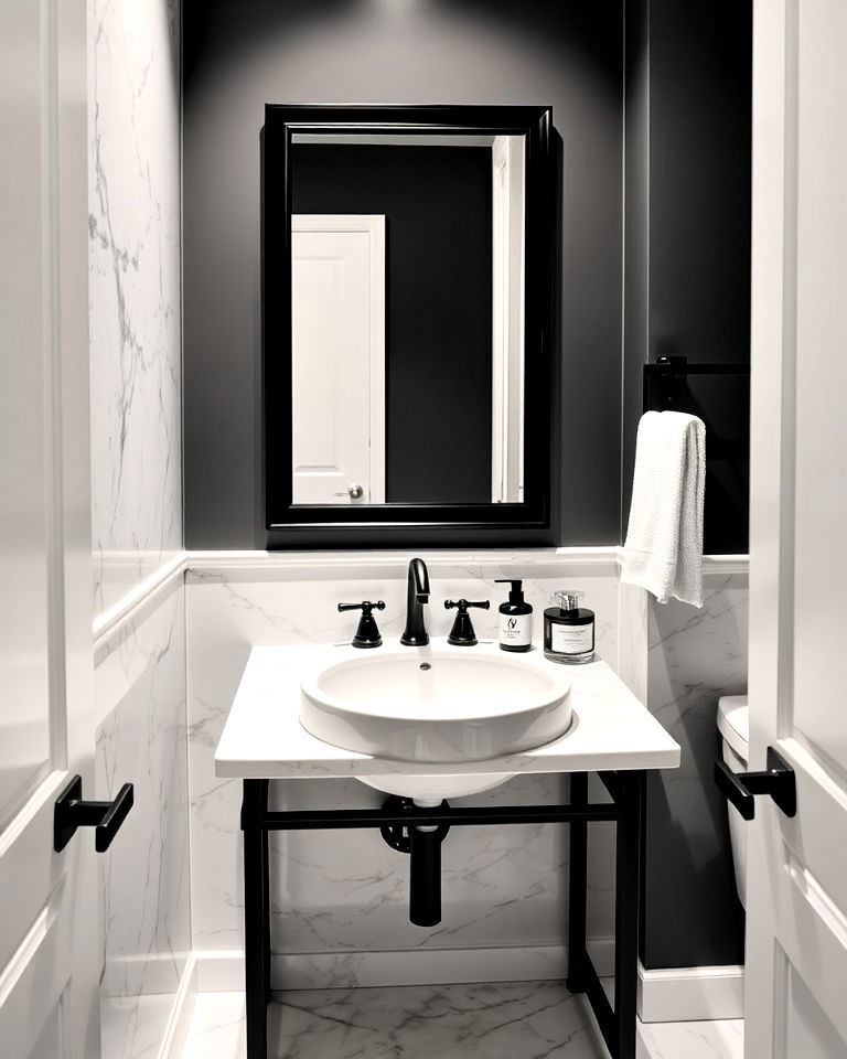 white marble with black accents for powder room - 20 Black and White Powder Room Ideas