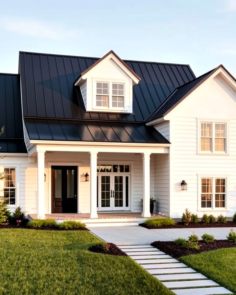 white modern farmhouse with black roof - 25 Houses With Black Roofs