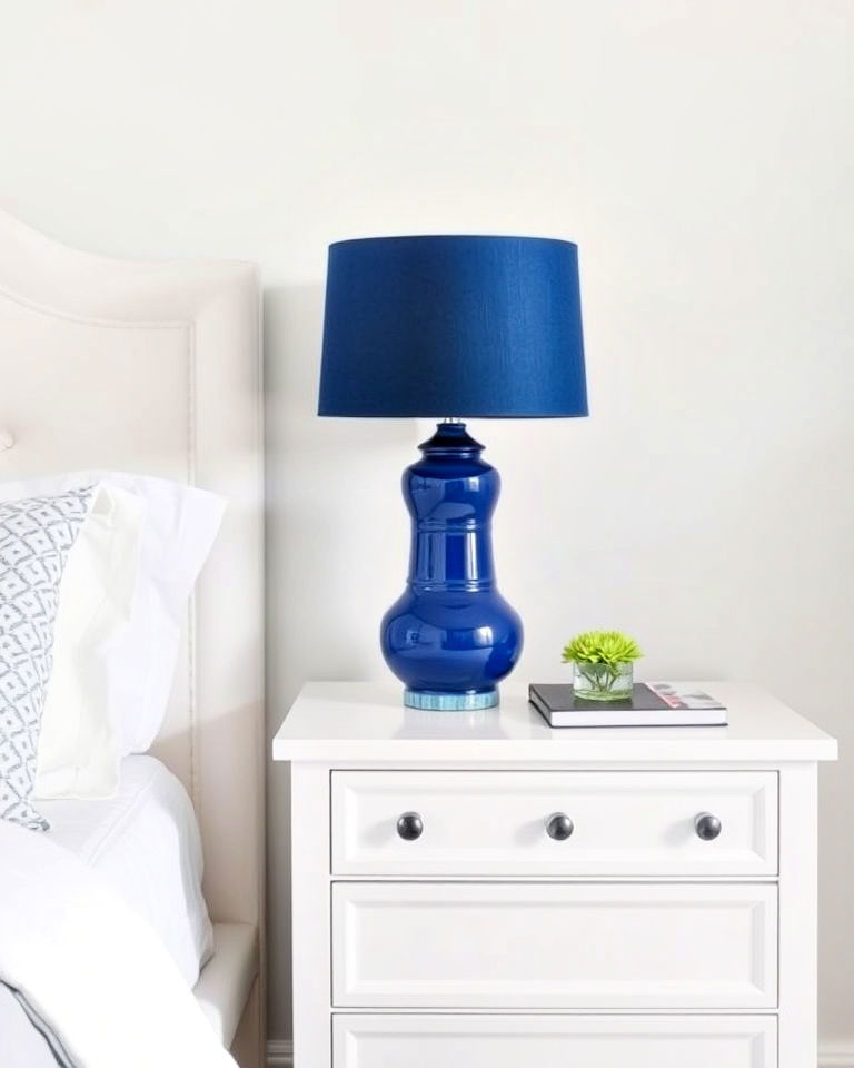 white nightstand with blue lamp for bedroom - 25 Blue and White Bedroom Ideas