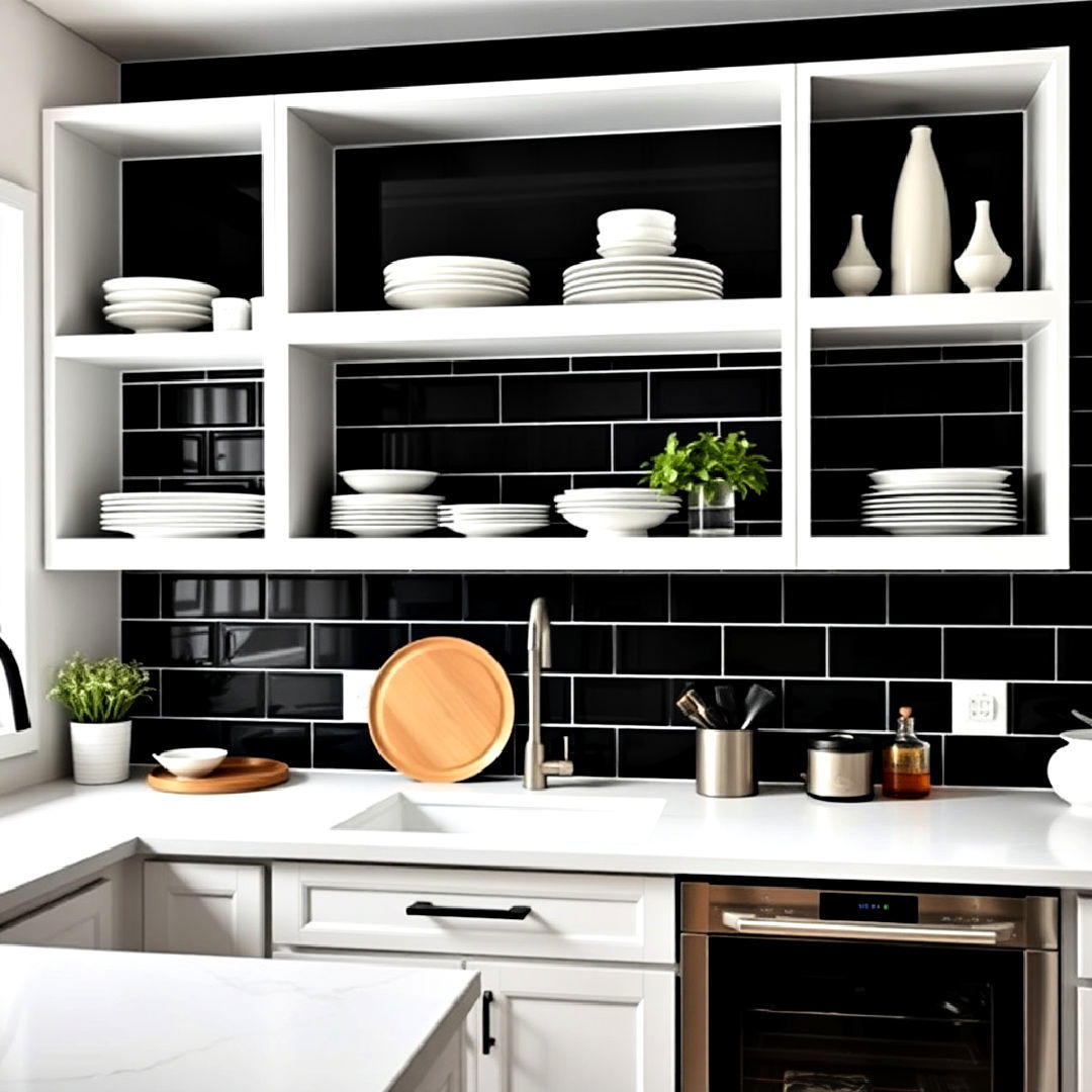 white open shelving and black backsplash - 40 Black and White Kitchen Ideas