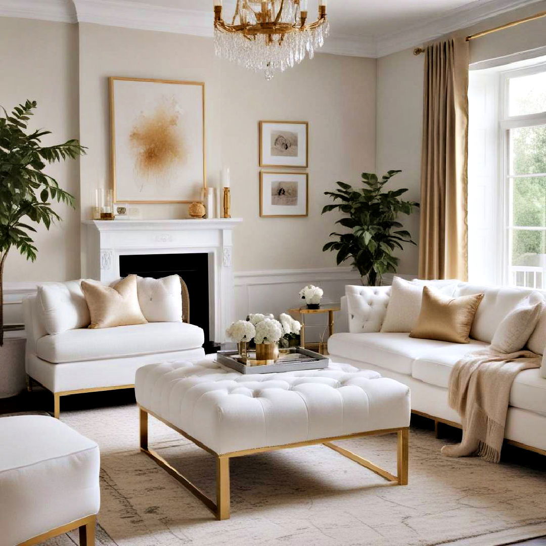 white ottoman with gold legs - 25 White and Gold Living Room Ideas