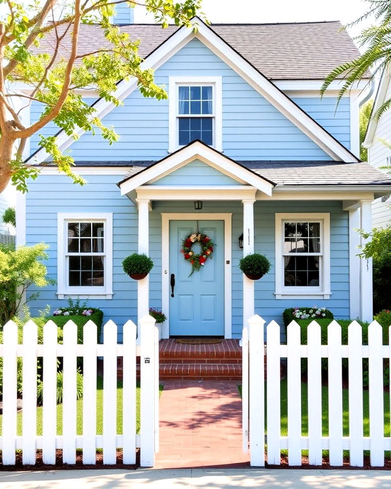 white picket fence for light blue exterior - 25 Light Blue House Exterior Ideas