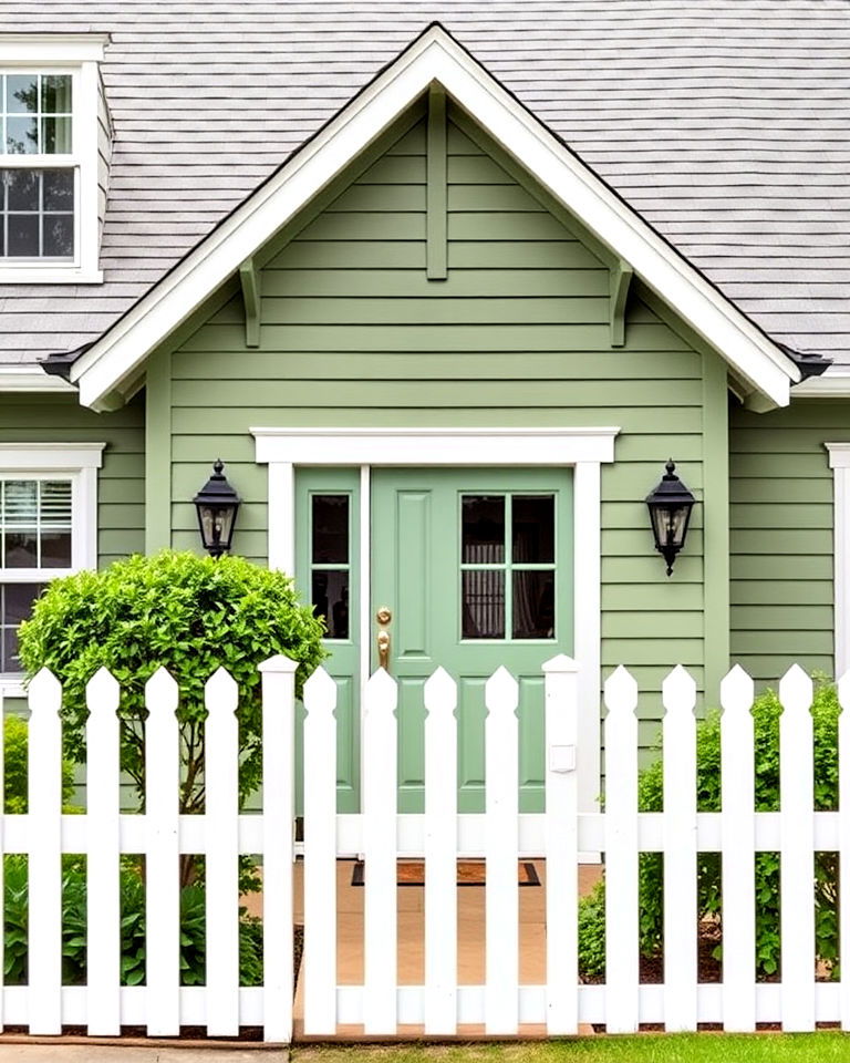 white picket fence for sage green house exterior - 30 Sage Green House Exterior Ideas
