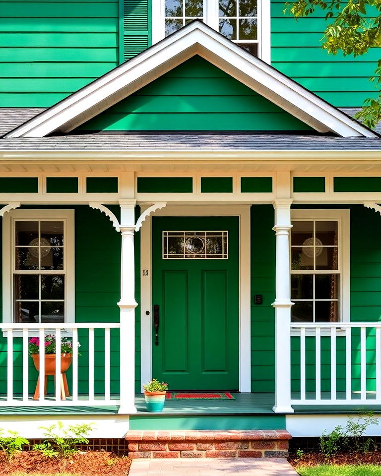 white porch railings for emerald green farmhouse exterior - 25 Farmhouse Green Exterior Home Ideas