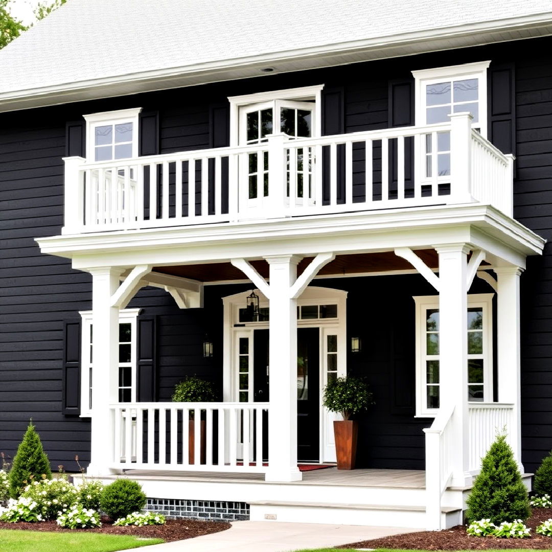 white railings for black farmhouse exterior - 40 Black Modern Farmhouse Exterior Design Ideas