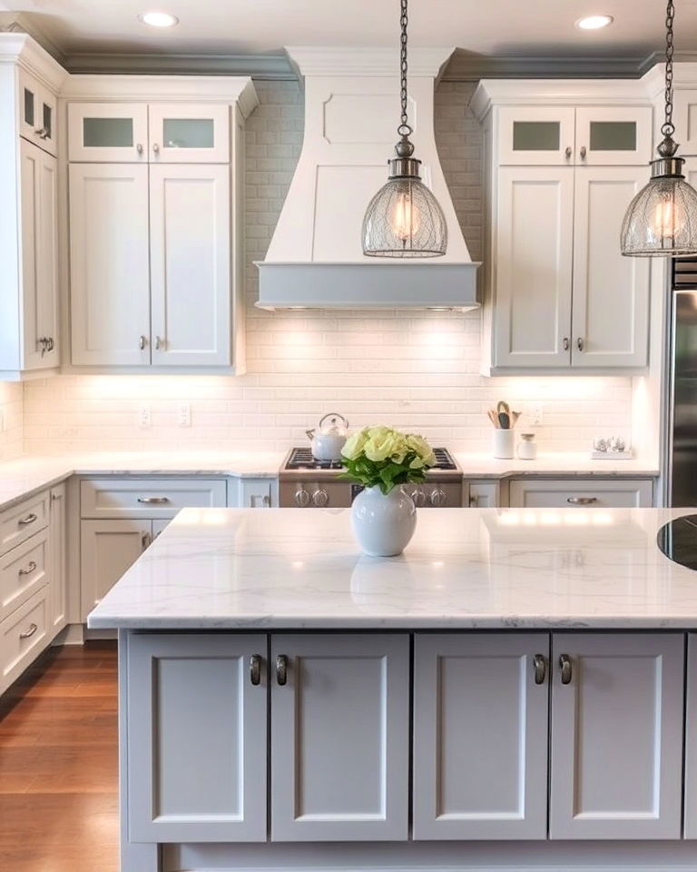 white shaker cabinets with a soft grey island - 15 White Kitchen Cabinets With Grey Island Ideas