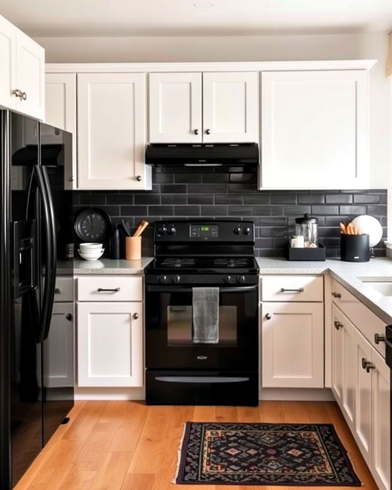 white shaker cabinets with black appliances - 25 White Kitchen with Black Appliances Ideas