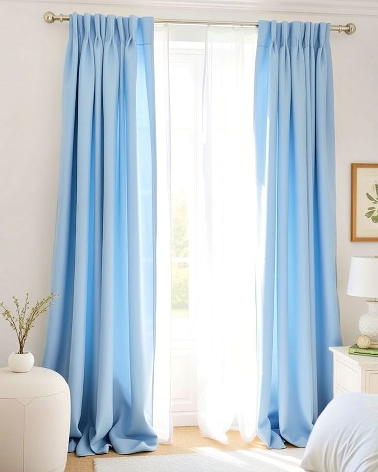 white sheer panels and pale blue curtains - 25 Blue and White Bedroom Ideas