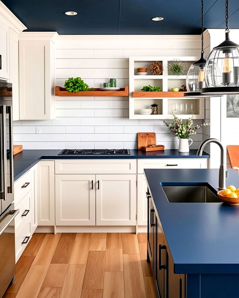 white shiplap walls and dark blue solid surface - 20 Kitchens With Blue Countertops