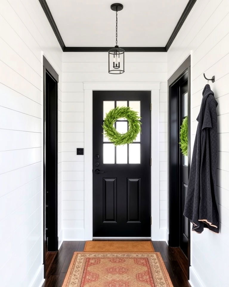 white shiplap walls with black trim - 25 Shiplap Wall Entryway Ideas