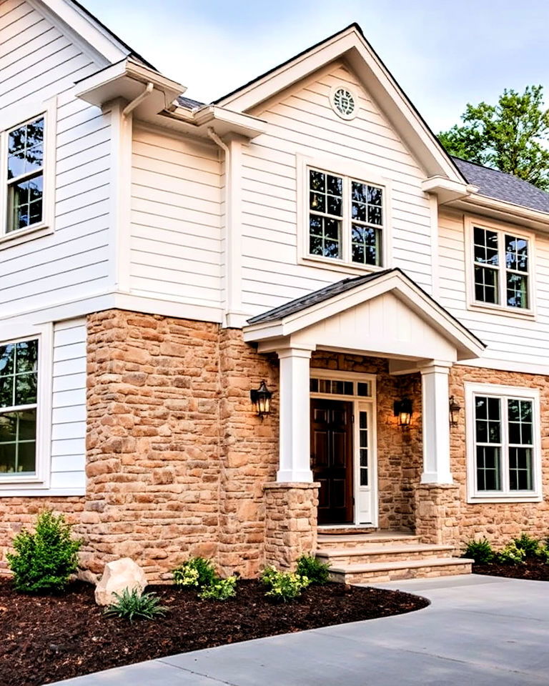 white siding with stone accents combo - 20 White Siding House Designs