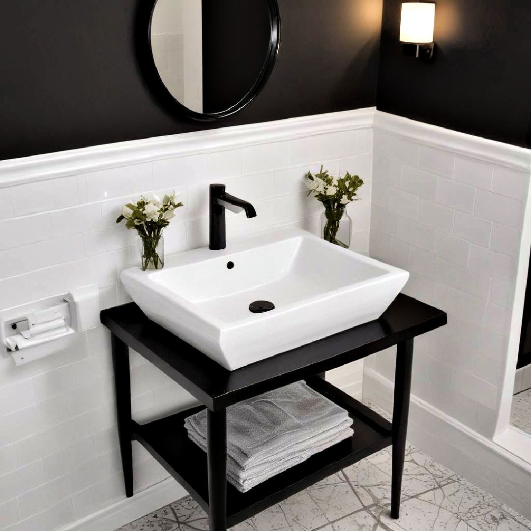 white sink with black base idea - 40 Black and White Bathroom Ideas