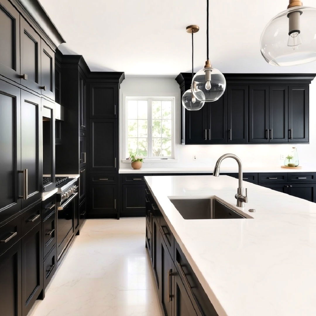 white soapstone countertops and black cabinets - 15 Black Kitchen Cabinets With White Countertops