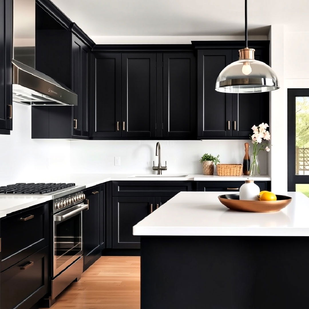 white solid surface countertops with black cabinets - 15 Black Kitchen Cabinets With White Countertops