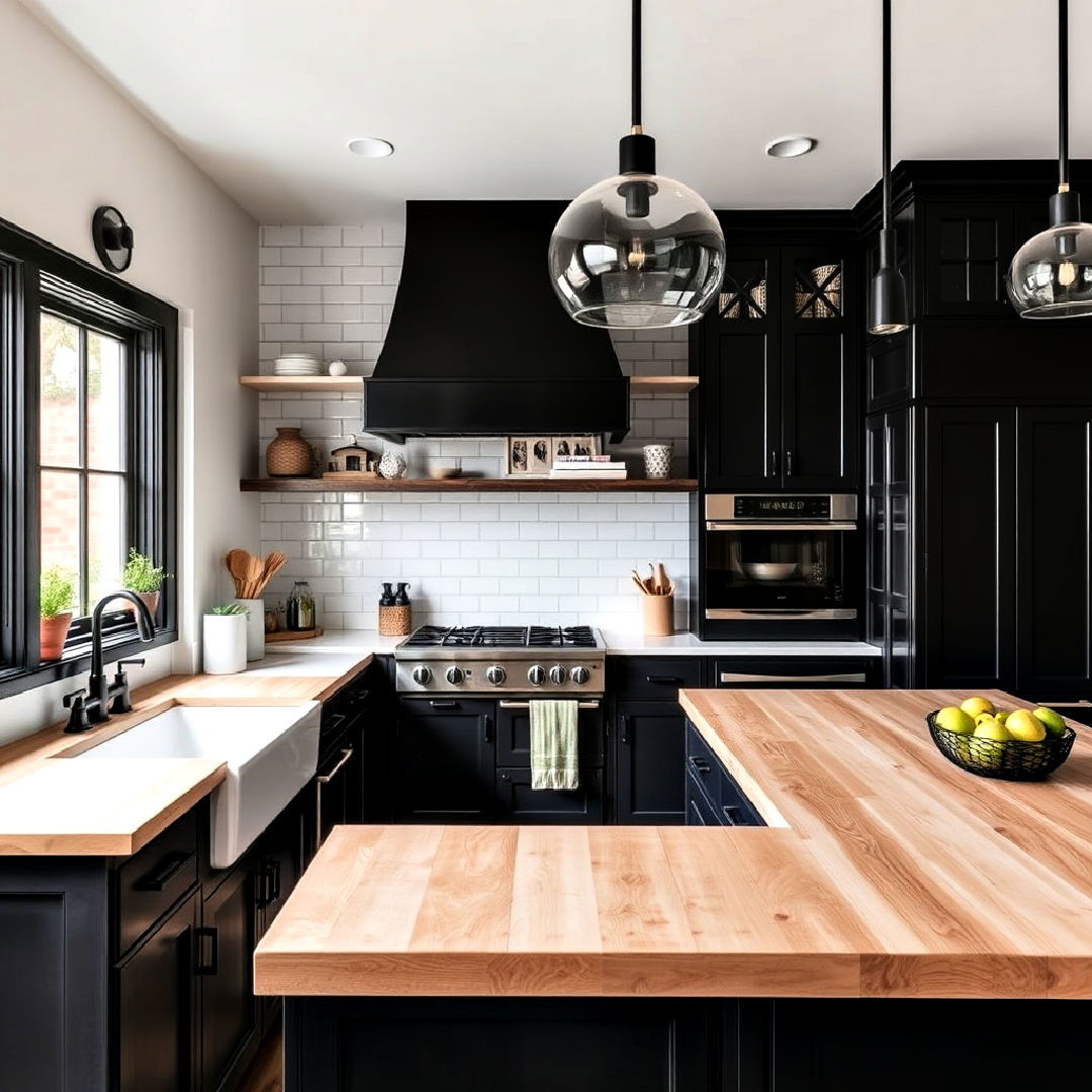 white stained butcher block countertops and black cabinets - 15 Black Kitchen Cabinets With White Countertops