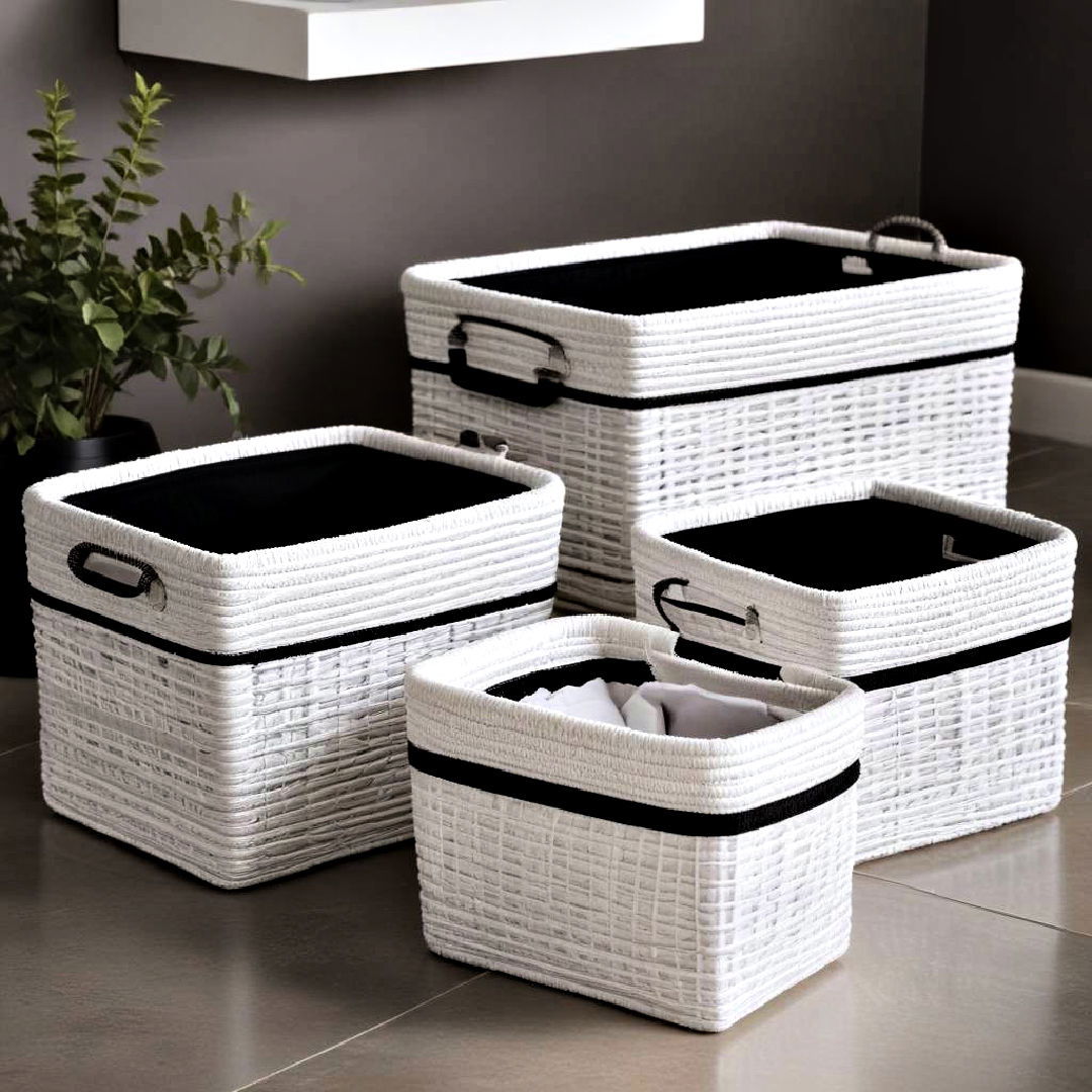 white storage baskets with black liners - 40 Black and White Bathroom Ideas