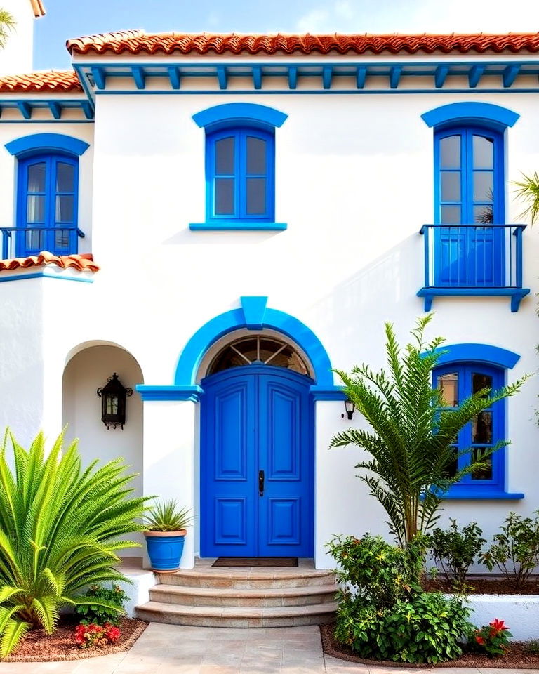 white stucco finish exterior with azure trim - 20 White House With Blue Trim Design Ideas