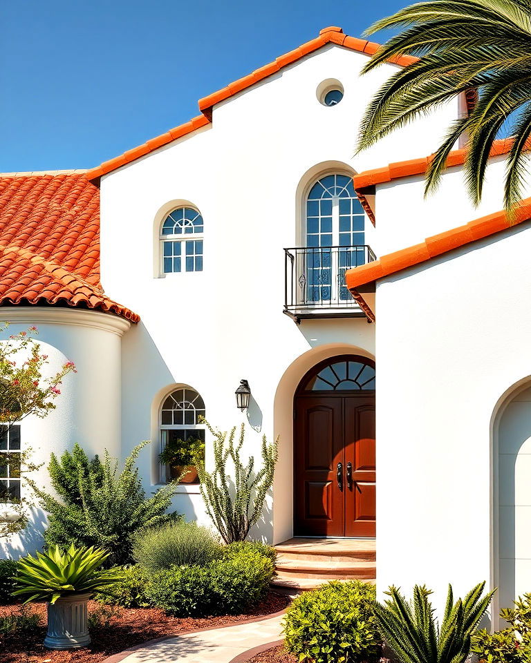 white stucco siding and terracotta roofing - 20 White Siding House Designs