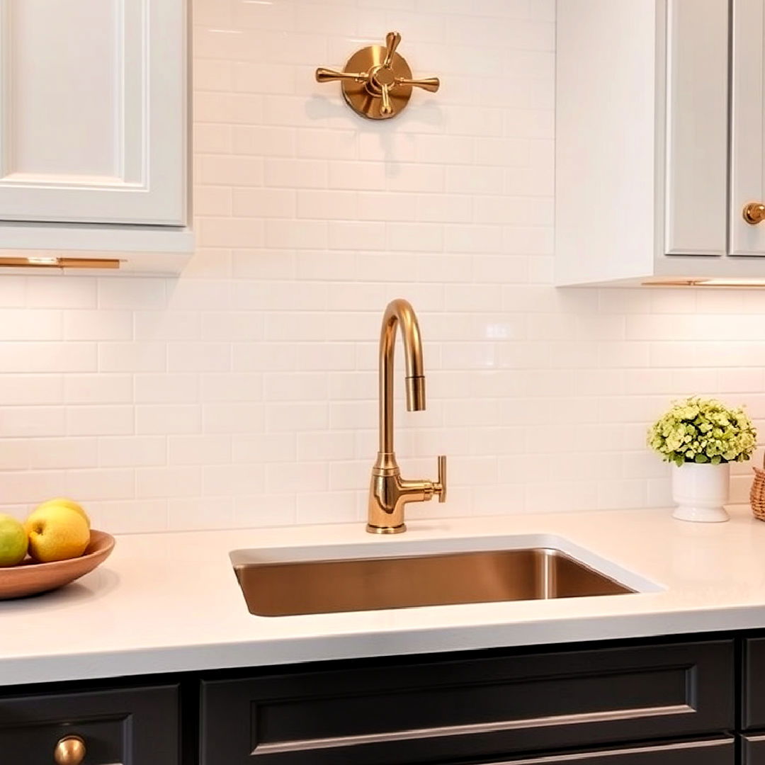white subway tile backsplash and gold fixtures - 25 Black White and Gold Kitchen Ideas