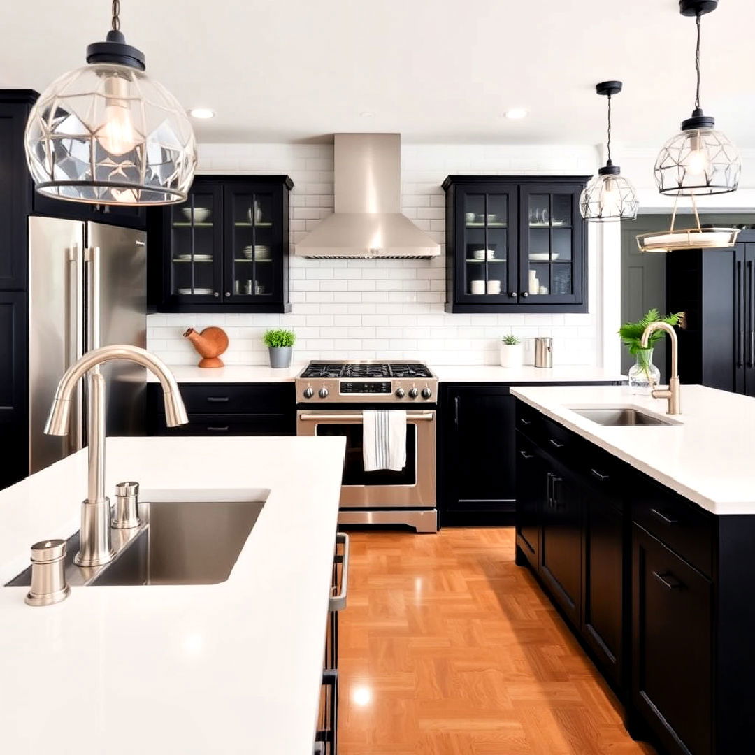 white subway tile backsplash with black cabinets - 15 Black Kitchen Cabinets With White Countertops