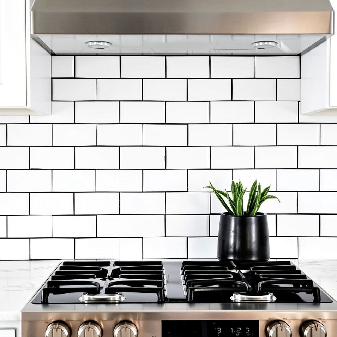 white subway tile backsplash with black grout - 40 Black and White Kitchen Ideas