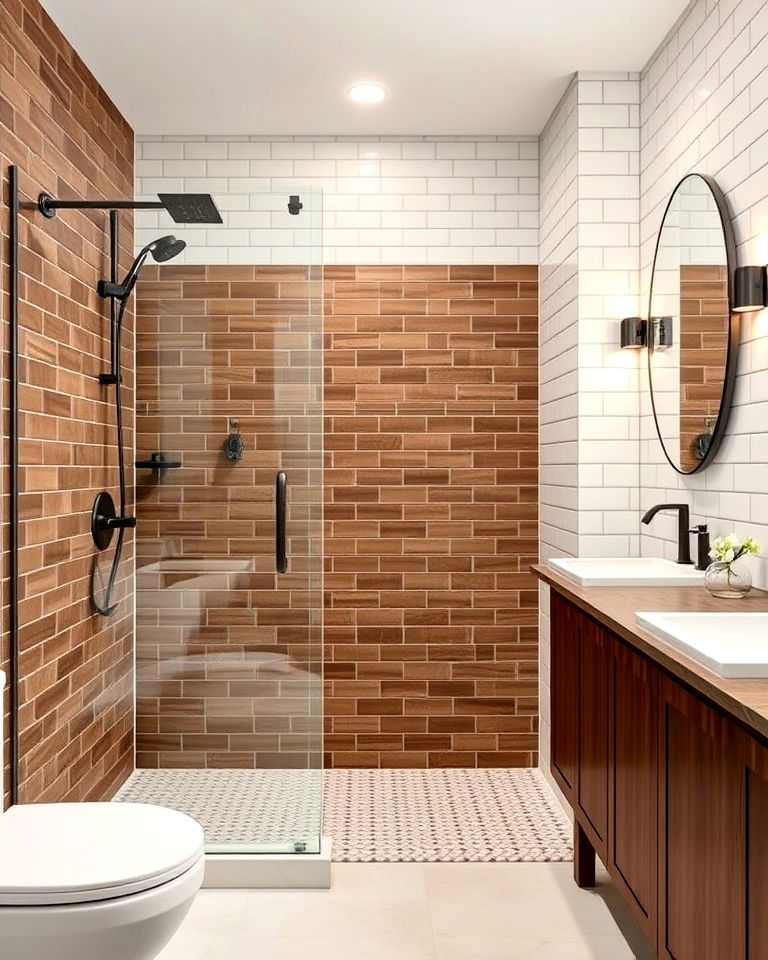 white subway tile walls and brown tiled shower - 15 Brown and White Bathroom Ideas