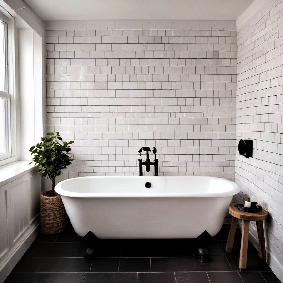 white subway tiles with black grout - 40 Black and White Bathroom Ideas