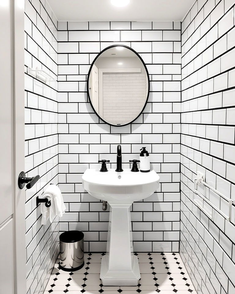 white subway tiles with black grout for powder room - 20 Black and White Powder Room Ideas