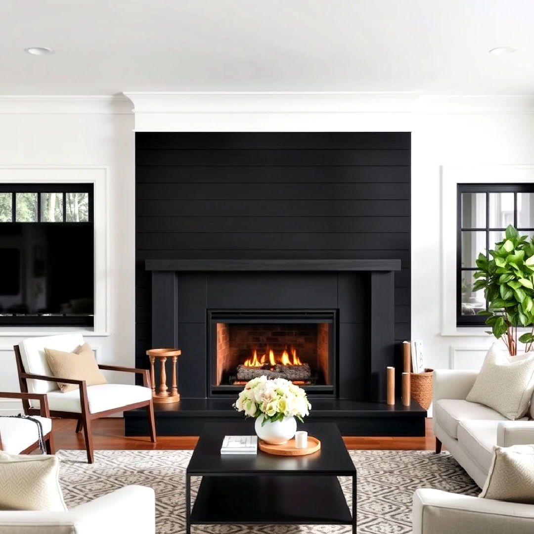 white surroundings for black shiplap fireplace - 40 Black Shiplap Fireplace Ideas