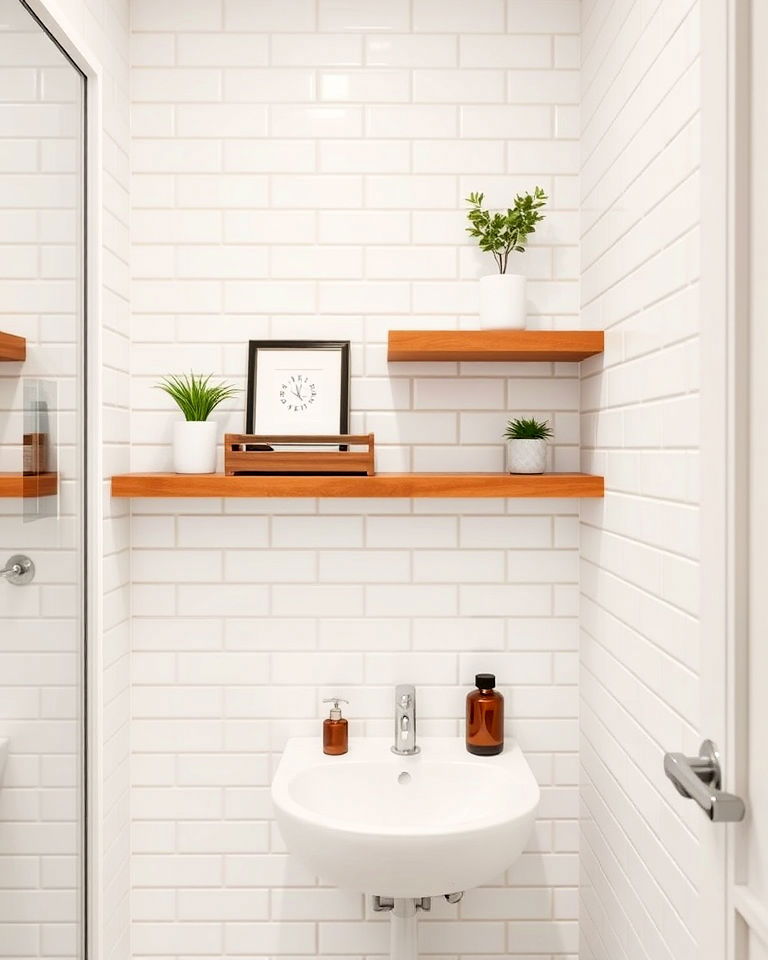 white tile walls and floating brown shelves - 15 Brown and White Bathroom Ideas