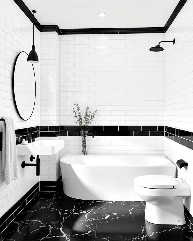 white tile with black accents for bathroom - 20 Black and White Bathroom Tile Ideas