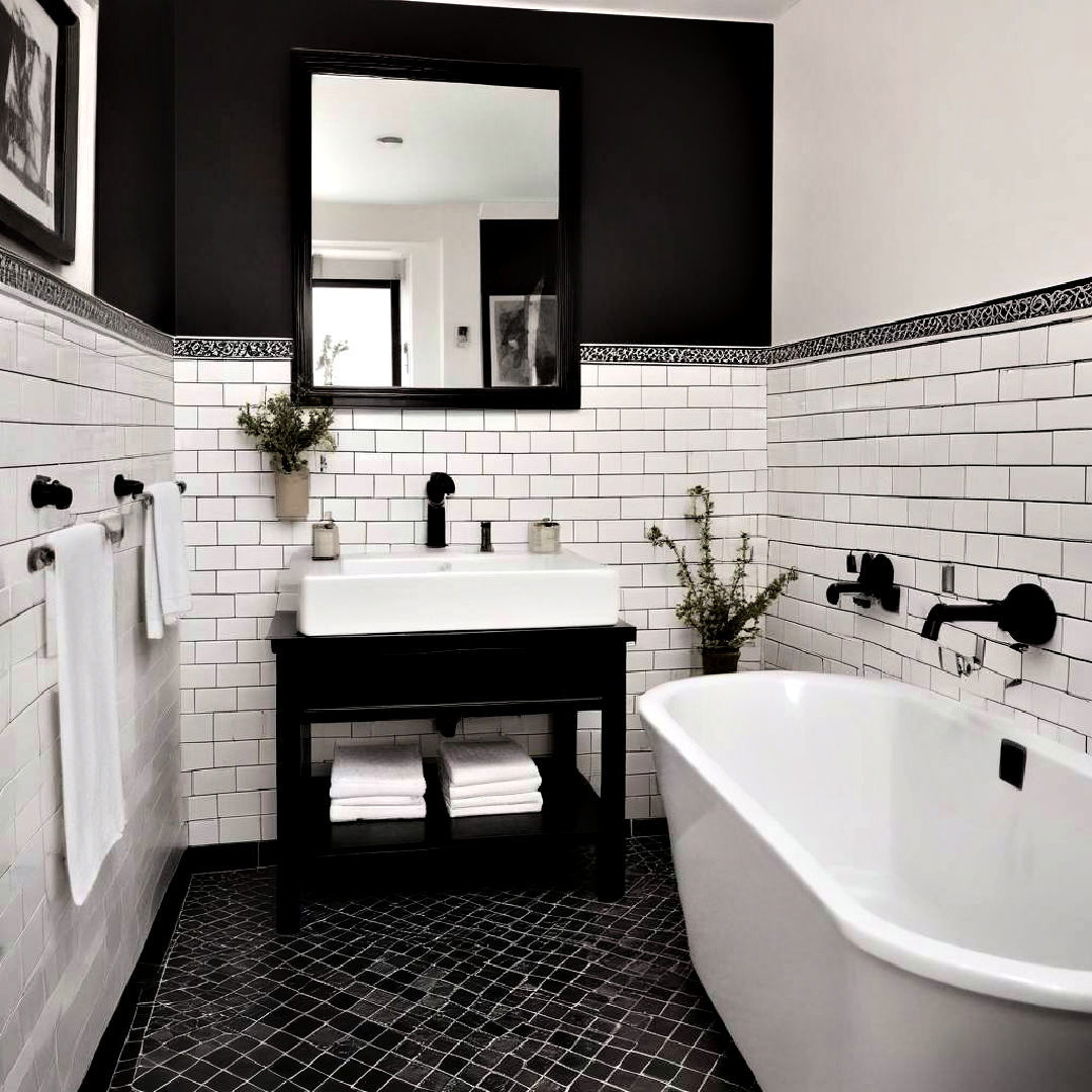 white tiles with black border to create framed effect - 40 Black and White Bathroom Ideas