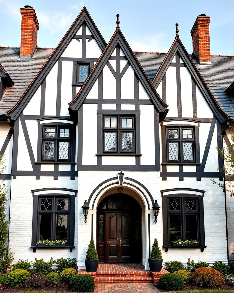 white tudor revival siding with dark wood trim - 20 White Siding House Designs