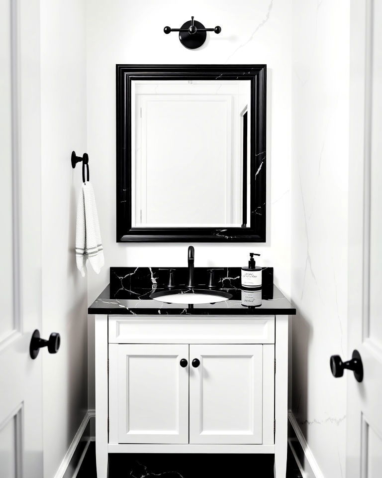 white vanity with black marble countertop - 20 Black and White Powder Room Ideas