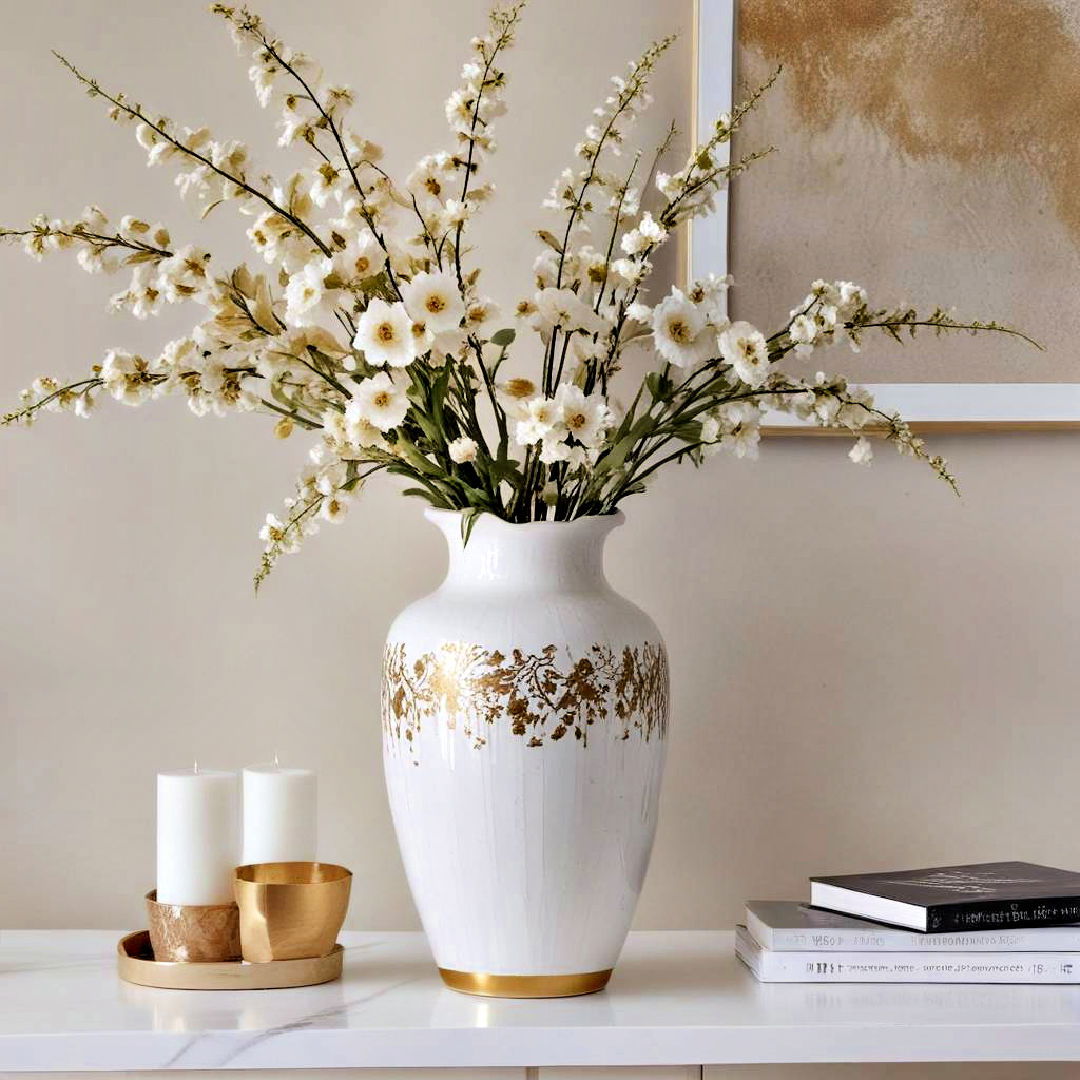 white vase with gold trim - 25 White and Gold Living Room Ideas