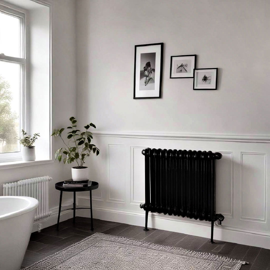 white wall with black radiator idea - 40 Black and White Bathroom Ideas