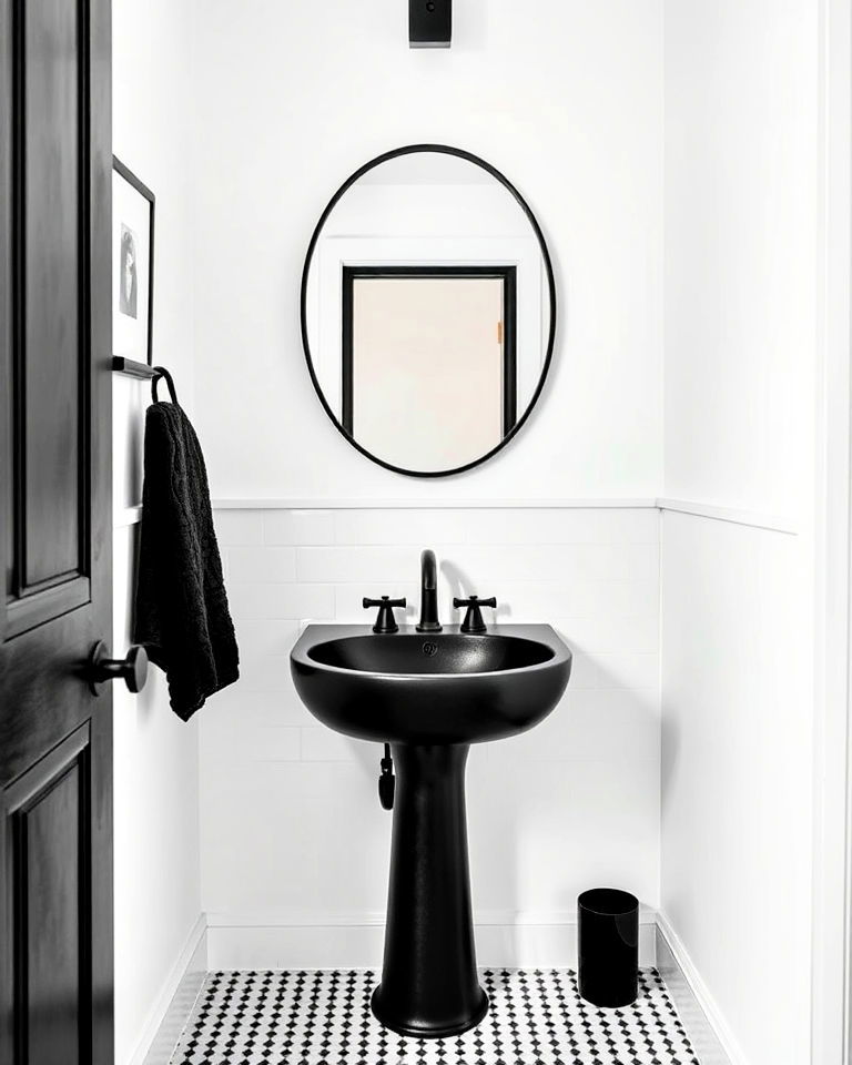 white walls and black sink for powder room - 20 Black and White Powder Room Ideas