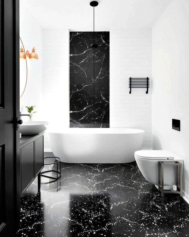 white walls and black terrazzo bathroom floor - 20 Black Floor Bathroom With White Walls Ideas