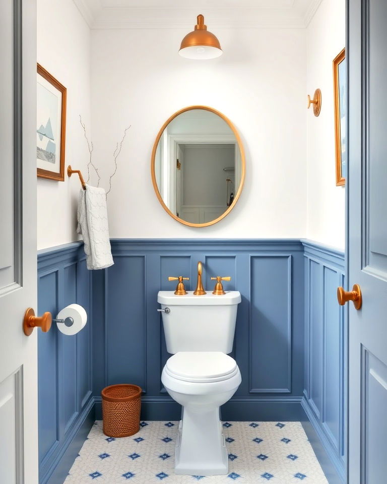 white walls and blue wainscoting - 20 Blue Powder Room Ideas